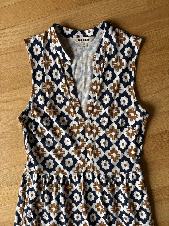 Boden Sleeveless V-Neck Maxi Dress in Navy and Brown Tile Print - Picture 2 of 9